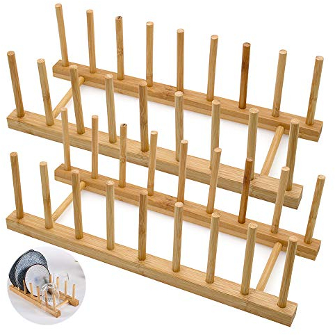LZYMSZ Juego de 2 escurreplatos de madera de bambú, soporte para platos, soporte para tapa de ollas, organizador de armario de cocina para cuencos, tazas, tabla de cortar y más