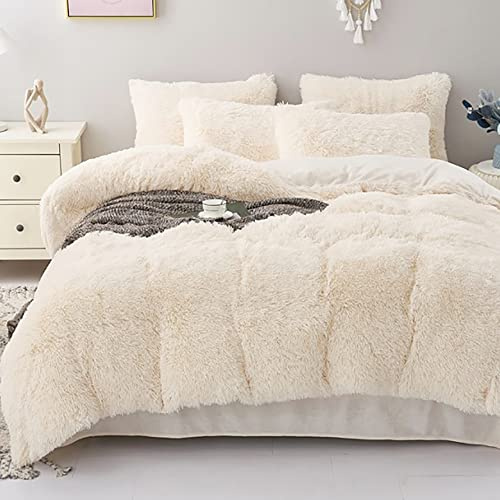Michorinee Flauschige Plüsch Bettwäsche 155x220 Winter Bettbezug Creme Weiß | Warme Winterbettwäsche mit Reißverschluss, ÖKO-TEX, Flausch Langhaar Kunstfell, Coral Fleece, mit Kissenbezug 80x80 cm