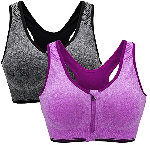 ZOEREA Sports BH Damen Push Up Zip Front Impact Yoga Bra Grau und Lila,3XL