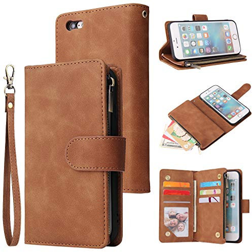 QLTYPRI Case for iPhone 6 Plus iPhone 6S Plus, Large Capacity Leather Wallet Case 6 Card Holder & 1 Zipper Pocket Kickstand Wrist Strap Magnetic Case for iPhone 6 Plus iPhone 6S Plus - Brown
