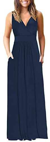 AUSELILY Maxikleid Damen Sommer Ärmellos Kleid Lang Elegant tiefem V-Ausschnitt Abendkleid mit Taschen Navy blau 2XL