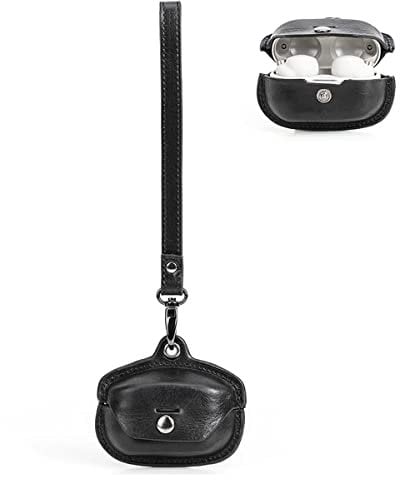 Suitable for Sony WF-1000XM4 Genuine Leather Protective Case with Lanyard, Soft Portable Crazy Horse Leather Cover Shockproof for Sony WF-1000XM4 Wireless Earbuds, Support Wireless Charging Black