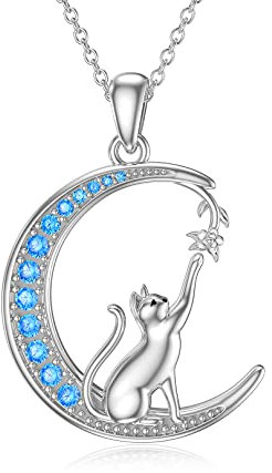 enjoylifecreative Katze Halskette mit Rose Blume 925 Sterling Silber Mond Halskette Katzen Mond Anhänger Schmuck Geschenke für Frauen Mädchen
