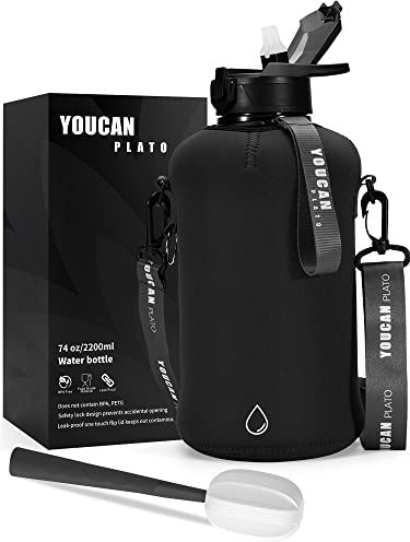 YOUCAN PLATO 74 oz Half Gallon Water Bottle with Sleeve-Large Water Bottle -Big Gym Water Bottle for Man or Women with Straw- Gallon Water Jug with Handle -BPA Free- Leakproof, Workout bottle,Black