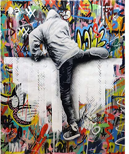 Banksy Peinture murale par numéros pour adulte à faire soi-même - Peinture à l'huile sur toile pour débutants - 40,6 x 50,8 cm - Cadre manuel