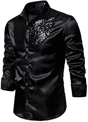 YILEEGOO Men's Shiny Satin Sequins Button Up Dress Shirts Long Sleeve Slim Fit Disco Party Prom Wedding Shirts Costume (Black, L)