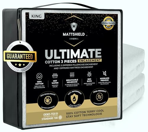 MATTSHIELD Ultimatives 3-teiliges Set – Bettwanzensicherer Matratzenbezug, King-Size-Größe, 100% Baumwolle + 2 Kissenschoner mit Reißverschluss, 6-seitige wasserdichte Umhüllung, Beste