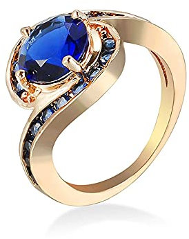 Wycian Goldener Ring mit Blauem Stein, Verlobungsring Vergoldet Damen Einfach Größe 54 (17.2) Heiratsantrag Ring für Braut