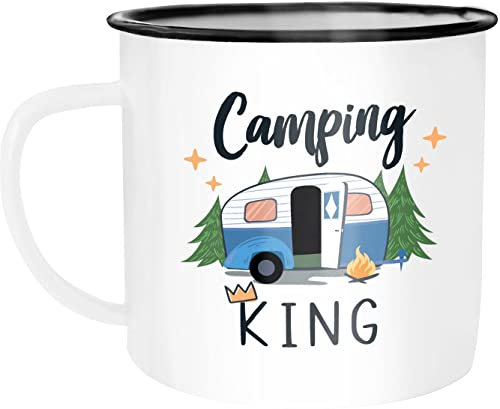 Moonworks® Emaille-Tasse Camping Queen King Wohnwagen Geschenk Camper Campingurlaub Zubehör King emaille-weiß-schwarz standard