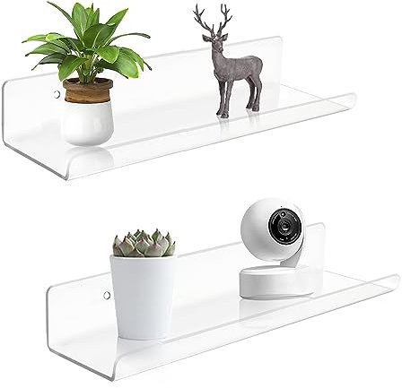 ROYALITA Small Acrylic Shelves Wall Mounted | Set of 2 | 12 Inches | Wall Hanging Plant Display Shelves, Room Decor Floating Wall Shelves for Gaming Room Bedroom, Living Room, Office, Clear