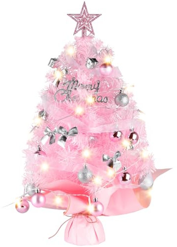 Mini Christmas Trees with Lights, Migaven 2ft/60cm Pink Tabletop Christmas Tree with Tree Topper Star Ornaments Led String Light for DIY Desktop Christmas Decorations