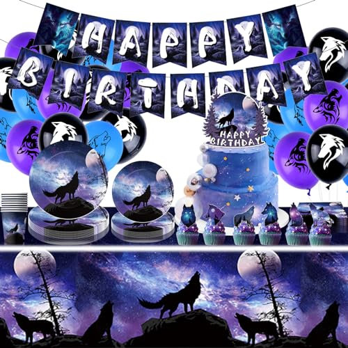 95Pcs Wolf Party Supplies Serves for 10 Guests, Wolf Plates Napkins Paper Cups Tablecloth Banner Balloons Cake Toppers for Boys Girls for Galaxy Wolf Birthday Party Decorations