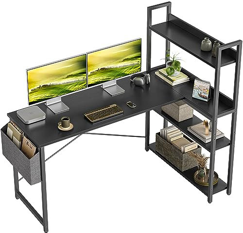 CubiCubi Schreibtisch mit Regal,Eckschreibtisch für Heimbüro,Kleiner L-förmiger Computertisch mit Ablagefächern,Bürotisch mit Aufbewahrungstasche, 140cm Schwarz.