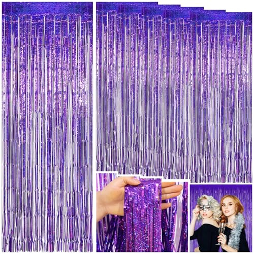 Lametta Vorhänge, 6 Stück Metallic laser glitter curtains, 1 x 2meters Lila Selbstklebende Folien Fransen Lamett, Metallic Tinsel Vorhänge, für Geburtstag Hochzeit, Graduation, Party Deko, Lila