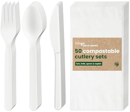 HAAGO - Juego de 50 cubiertos de PLA con servilletas - Reutilizables, aptos para lavavajillas Cubiertos resistentes para fiestas, bodas, eventos, para comida fría y caliente - Blanco