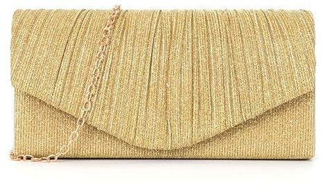 Kiss me Women Clutch Purse Glitter Pleated Envelope Evening Bag Elegant Ladies Shoulder Bag for Wedding Bridal Prom Cocktail Party (Gold)