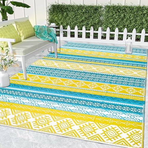 Cekene Outdoor Rugs Waterproof Large Blue 150x245cm Plastic Patio Rugs for Garden Geometric Camping Rug Mat Reversible Washable Area Floor Rug for Patios Decking Terrace RV Backyard Picnic BBQ
