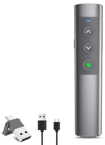 Grün Wireless Presenter für Präsentationen Fernbedienung Powerpoint, 2.4GHz USB-C Metall Wiederaufladbar Präsentation Fernbedienung Präsentator Pointer Präsentationspointer für Windows Mac Linux