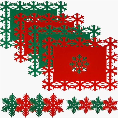 Zfseyuh 4 Platzdeckchen Weihnachten Filz + 8 Filzuntersetzer Weihnachten Schneeflocken Weihnachtsuntersetzer Rot Grün Weihnachts Tischset für Weihnachten Tischdeko