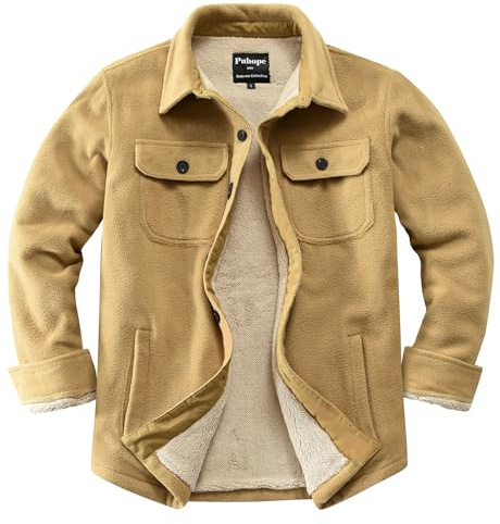 Puhope Herren Polarfleece-Hemdjacke mit Sherpa-Futter, dicke Button-Down-Jacke mit mehreren Taschen