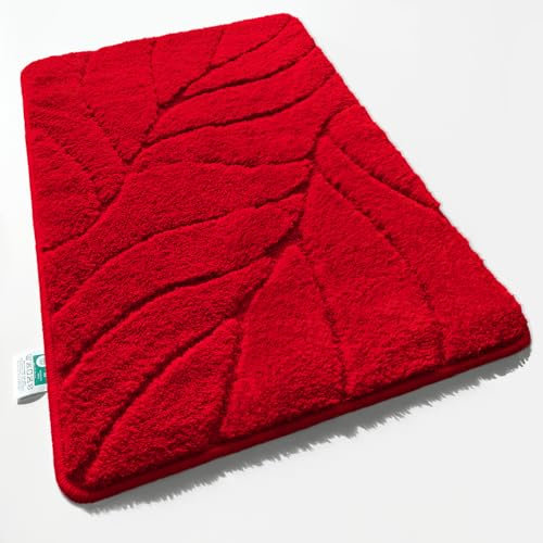 Floordirekt Badteppich - extra flauschig & schnelltrocknend - Badezimmerteppich mit rutschhemmender Rückseite - Badematte Duschvorleger (Maris) (Rot, 50 x 80 cm)