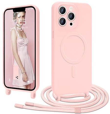 Ethanger Coque Magnétique pour iPhone 13 Pro avec Cordon de Collier Réglable Housse de Protection Compatible avec MagSafe en Silicone TPU Etui Case Ultra Fine pour iPhone 13 Pro Rose