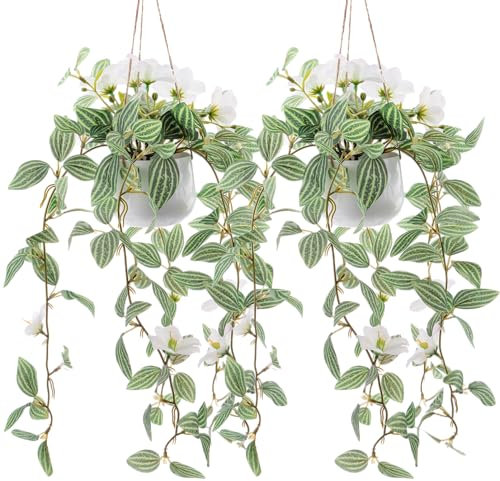 Kepfire 2 Pack Fake Hanging Plants Artificial Decor Natural Artificial Hanging Potted Plants With Artificial White Flower For Indoor Shelves Wall Farmhouse Home Décor