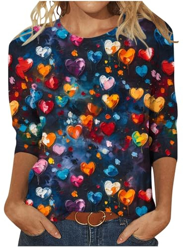 KOG Bluse Damen Elegant 3/4-Ärmeln Shirt Tie-Dye Muster T-Shirt Retro 3/4 Arm Baumwolle Tshirts Teenager Mädchen Mode Grafik Drucken Longshirt Lässig T-Shirts Mode Motiv Basic Langarmshirt Sweatshirt