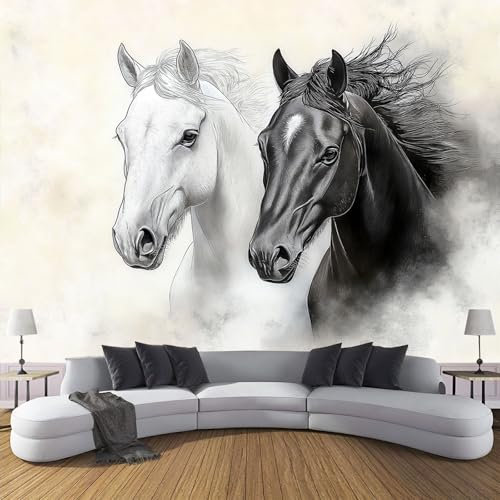 Seidenstoff Fototapete 3D Effekt Schwarzweiß Pferd Tapete, Wandtapete Für Wohnzimmer Schlafzimmer Büro Tapete, Kinderzimmer Jungen Mädchen Wandtapete ‎150X105Cm (B×H)