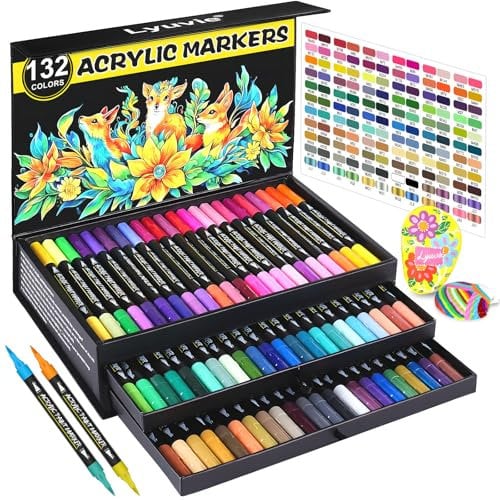 Lyuvie 132 Couleurs Feutre Acrylique,66 Pcs Acrylic Paint Marker Marqueur Peinture Acrylique Pointe Brush pour Roche Tissu Pierre Bois Verre Papier Plastique