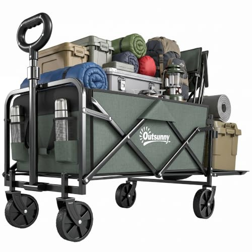 Outsunny Carrello da Giardino da 72L con 4 Ruote Carrello Spiaggia Verde | Tessuto Oxford, Borsa da Trasporto Lavabile, 2 Tasca Portaoggetti, Maniglia Girevole e Regolabile
