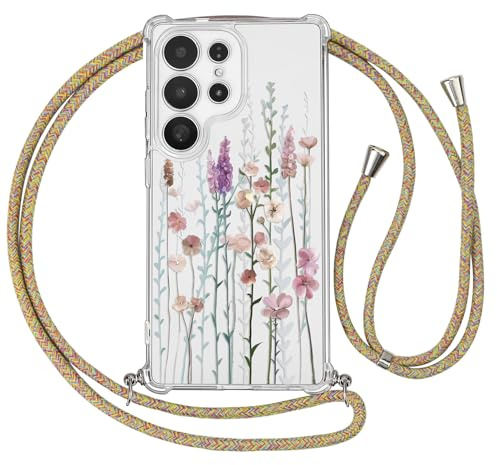 Ciciber Ttusy Handykette Hülle für Samsung Galaxy S24 Ultra mit Band, Durchsichtig Muster Blumen Case Weiches Silikon Schutzhülle mit Kordel zum Umhängen Necklace HandyHülle für Samsung S24 Ultra, 02