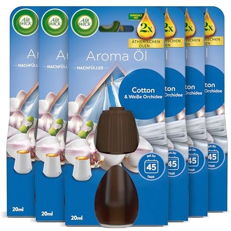 Air Wick Aroma-Öl Flakon Nachfüller – Duft: Cotton und Weiße Orchidee – Frischer Wohnungsduft mit ätherischen Ölen – 6 x 20ml Duftöl Set