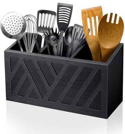 MINCORD Utensil Holder Caddy with 3 Compartments, Wooden Flatware Cutlery Storage Organizer Box Countertop for Silverware Fork Spoon Spatula