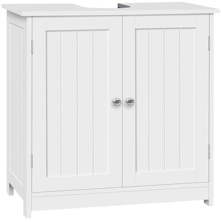 WOLTU Mueble Baño Bajo Lavabo, Armario Baño de Pie, con Recorte de Sifón y Estante Ajustable, Mueble Lavabo con 2 Puertas, Estilo Moderno, Madera, Blanco, 60x30x60 cm