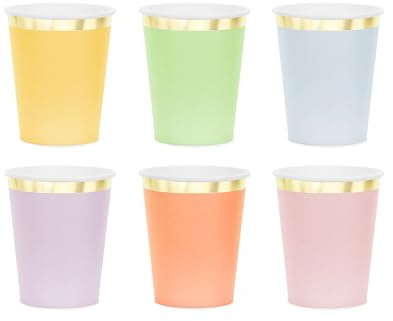 Pappbecher 220ml mit Goldrand 6er Set - Einweg Trinkbecher - Einwegbecher Pappe - Getränkebecher für Hochzeit Ostern Geburtstag - Tischdeko & Partyzubehör - Bunt Pastell Gold