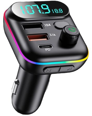 Transmetteur FM Bluetooth Voiture 5.0, Adaptateur Voiture QC3.0 Chargeur Rapide 2USB 1PD 18W pour Mains Libres et Écoute Musique, Allume Cigare Prise avec Affichage LED, Charge Les Cartes USB et TF