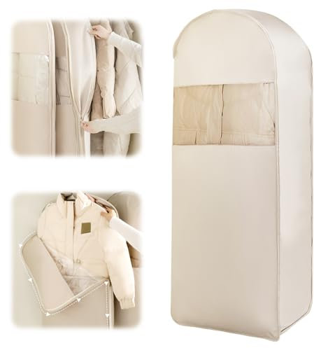 Yiomxhi Custodia Porta Abiti da Appendere con Cerniera a Compressione, Copriabiti Salvaspazio per Cappotti, Traspirante Borsa Portaabito, Copertura Vestiti Copri Abiti per Giacca, Beige 1Pc