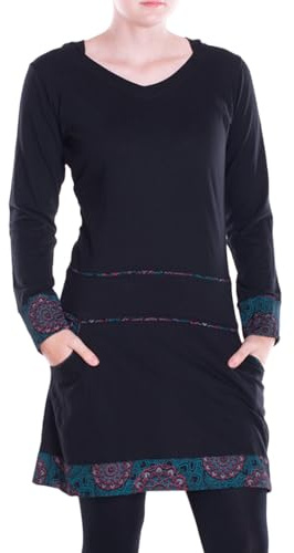 Vishes Alternative Bekleidung - Damen mittellanges Kleid Baumwolle Geometrisch A-Linie V-Ausschnitt mit Taschen