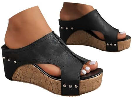 VBEDKDEB Keilabsatz Pantoletten Damen plateau Keilsandalen Elegant Leder Bequeme Schlappen Offen Rutschfeste Slipper Lässige Nieten Latschen 2025 Sommer Strand Urlaub Sandalen (Schwarz, 42)