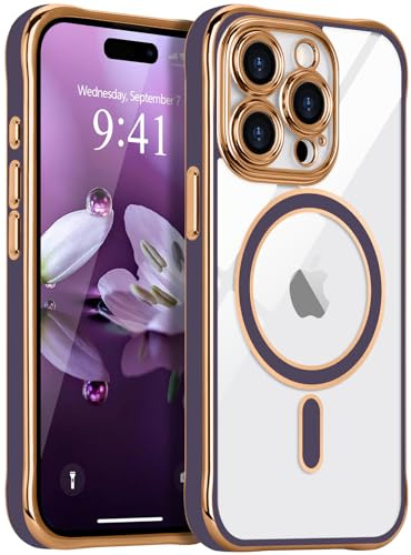 LCHULLE Magnetic Clear Case for iPhone 14 Pro Max,[Compatible with MagSafe] Full Camera Protector Luxury Plating Silicone Phone Case,Anti-Scratch Non Yellowing Shockproof Bumper Cover,Dark Purple