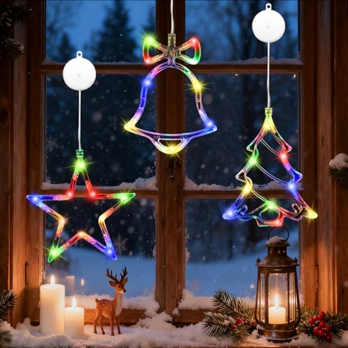 IWTBNOA Weihnachten Dekorative Fenster Licht, 3 Stück Baum Sterne Glocke Weihnachtsbeleuchtung, Farbige LED Weihnachtsdeko mit Saugnäpfe, Fenster Lichterkette Innen für Balkon, Party
