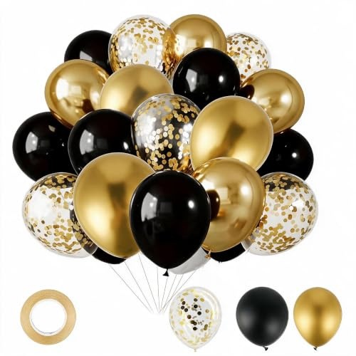 50 Globos Negros y Dorados - 30 cm de Látex Negro, Dorado Metálico y Globos de Confeti Negros y Dorados con Cinta, Decoración para Fiestas de Cumpleaños, Bodas, Fiestas Infantiles y Baby Showers