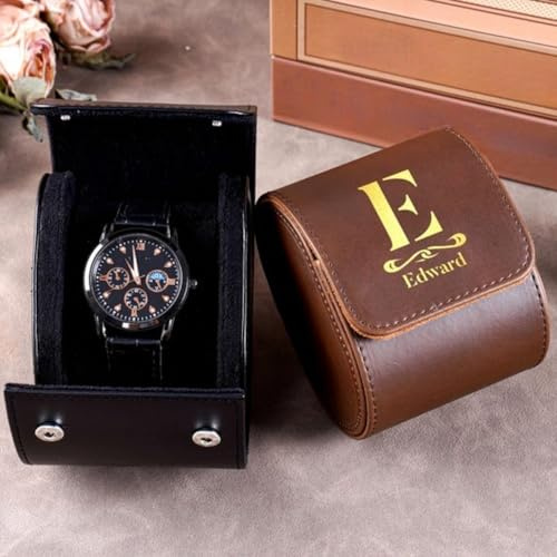 MFCHICIFY Personalisierte Reise-Uhrenetuis für Herren, individuelle Gravur, Uhrenetui, Roll-Organizer für Vater, Opa, handgefertigt, Uhrensammler, personalisiertes Geschenk für Männer (schwarz)