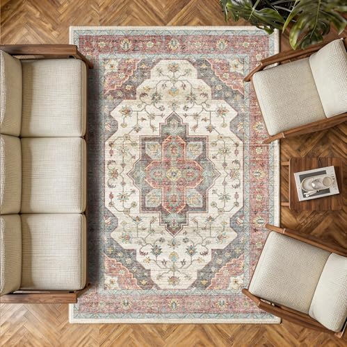 Decoranddecor Persian Rugs Living Room 160x230cm Washable Non-Slip | Beige Large Living Room Rug, Machine Washable Rug, Area Rug, 6mm Low Pile, Pet Friendly, Stain Resistant