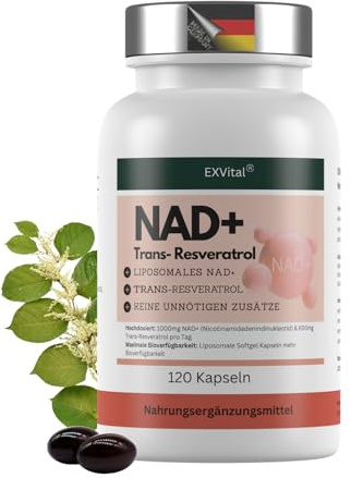 EXVital® NAD+, 1000 mg de NAD+ et 600 mg de trans-resvératrol par jour - 120 gélules végétaliennes - liposomales et biodisponibilité maximale, hautement dosées et testées en laboratoire