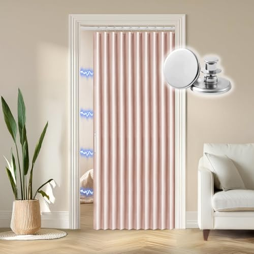 RINHARTEX Blackout Folding Door Curtain Magnetic Sliding Door for Closet Pleated Concertina Doorway Curtain Accordion Door Interior Room Divider Bedroom Living Room(42x78,Pink)