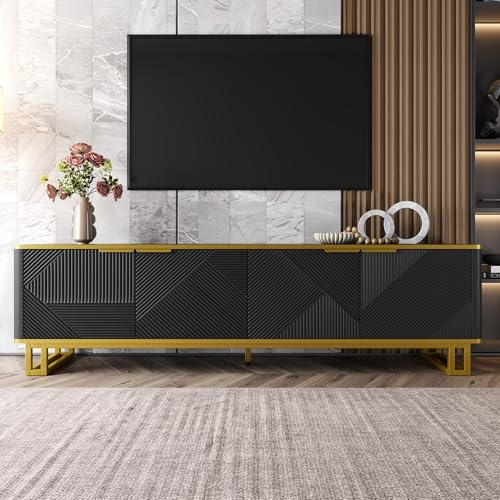 Wiuzo Mobile TV con quattro ante, supporto TV, supporto per TV, supporto TV basso, design unico, texture geometrica 160 x 37,5 x 48 cm (L x P x A) (nero)