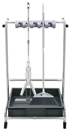 Mop Holder Stainless Steel Movable Floor Mounted Mop Rack with 12 Foldable Hooks & 10 Rubber Slots, Mobile Cleaning Trolley for Mops Brooms & Cleaning Tools