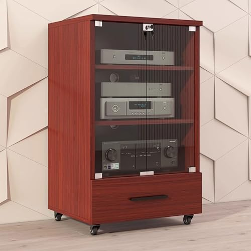 HiFi Audio Rack with Glass Door, Solid Wood Media Console with Storage Drawers Rolling Media Stand for Turntable TV and AV Equipment–Perfect for Living Room Bedroom or Office(Teak,3-Schichtplatte)